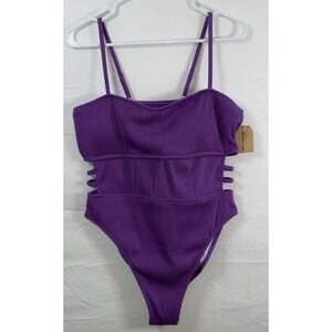 NWT Women's Hilinker One Piece Purple Ribbed Swimsuit Side Cutouts Size XL